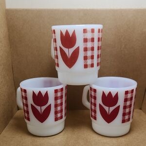 Vintage Red Tulip Checkered Mugs Set Termocrisa Made In Canada
